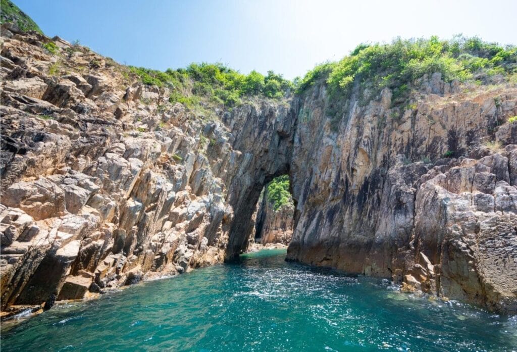 Bell Cave (also known as the Tiu Chung Arch or Uvula Cave) located on Tiu Chung Chau (Jin Island) within the Hong Kong UNESCO Global Geopark in Sai Kung, Hong Kong