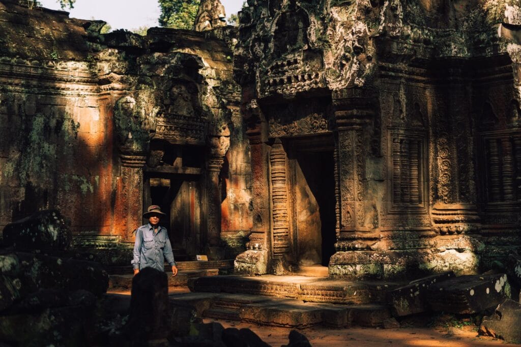 The stone corridors of the ancient Ta Prohm Temple