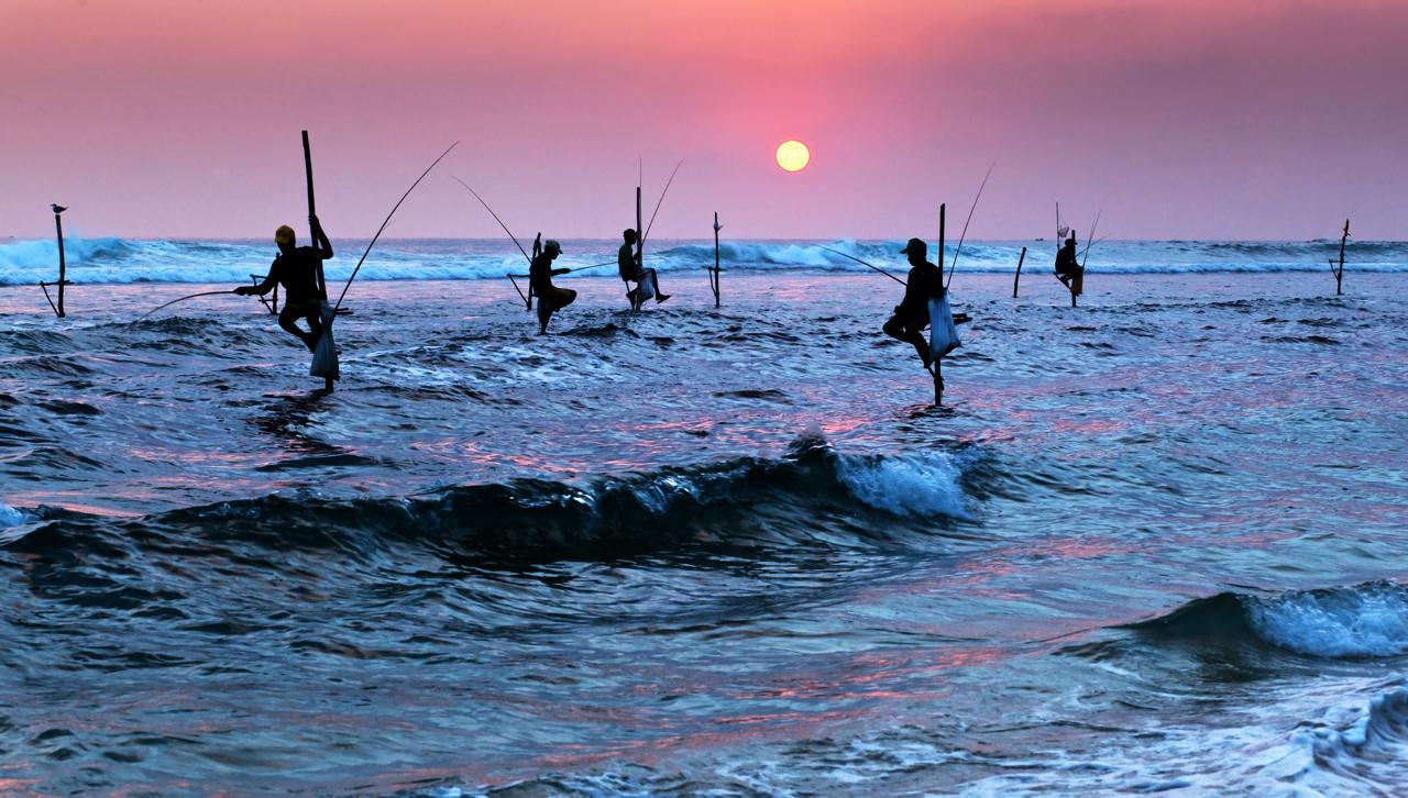 Silhouettes of the traditional stilt fishermen at sunset near Galle in Sri Lanka