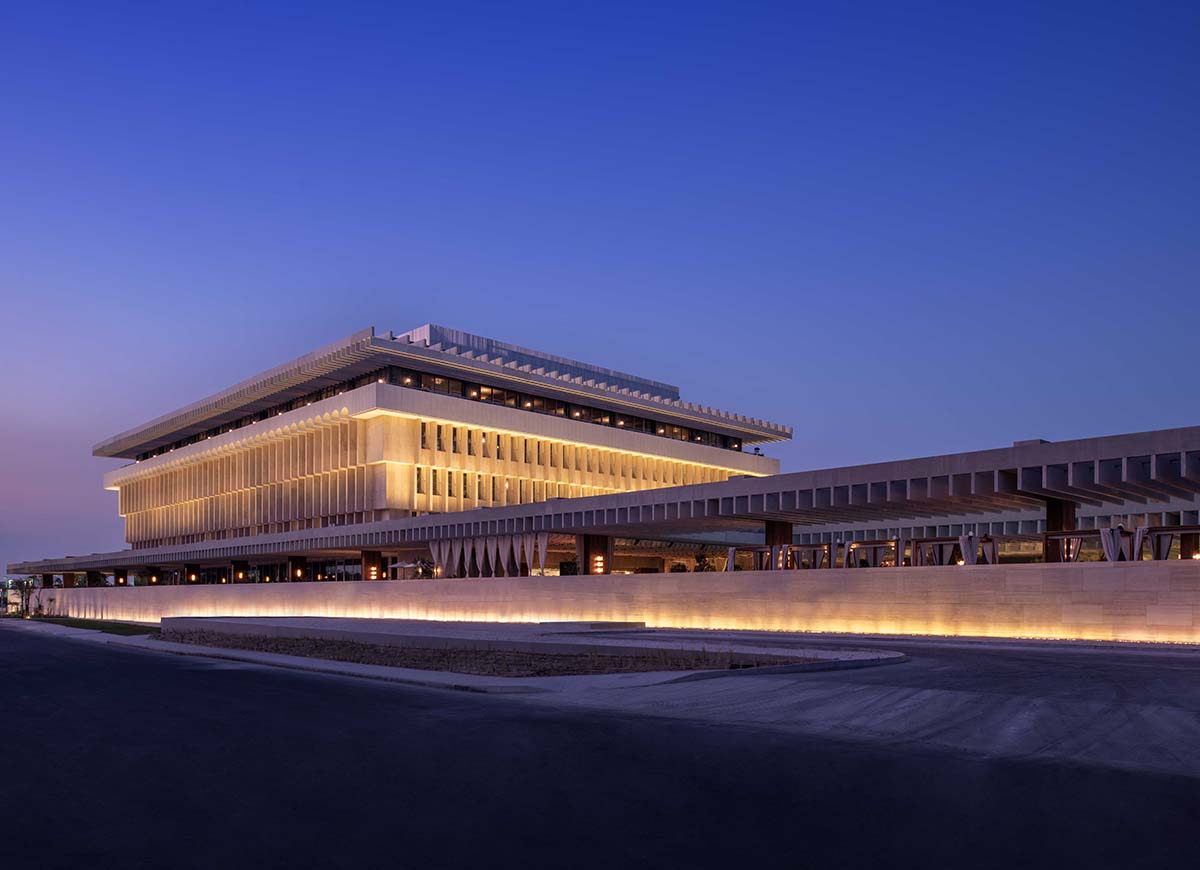 The Brutalist exterior of The Ned Doha