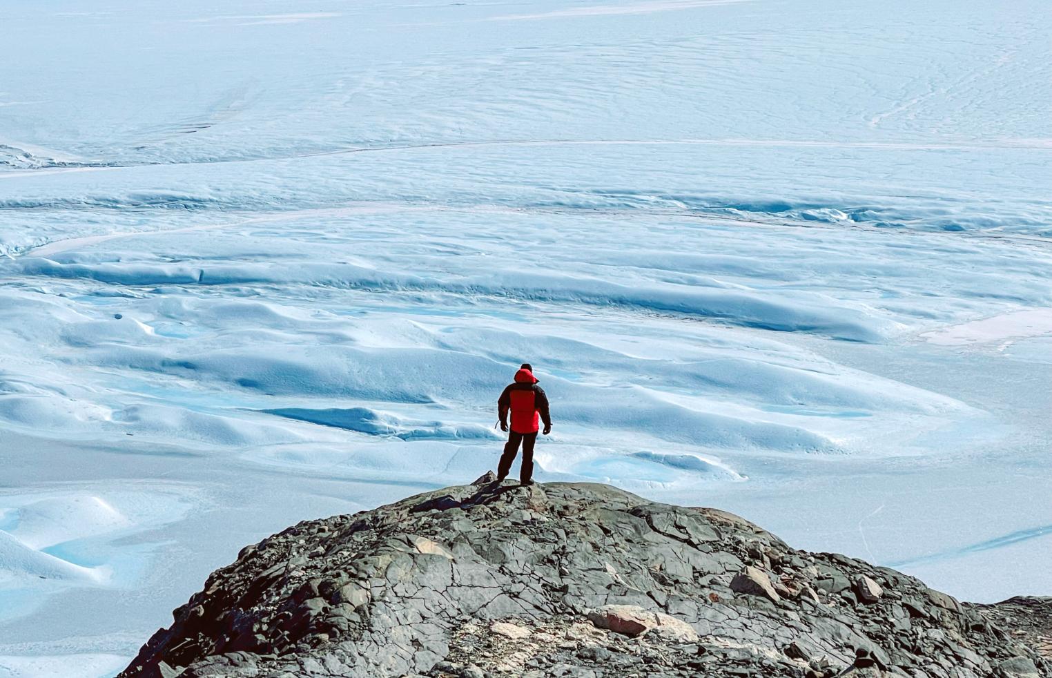 Ice shelf from above with Ultima Oasis Camp, Antarctica