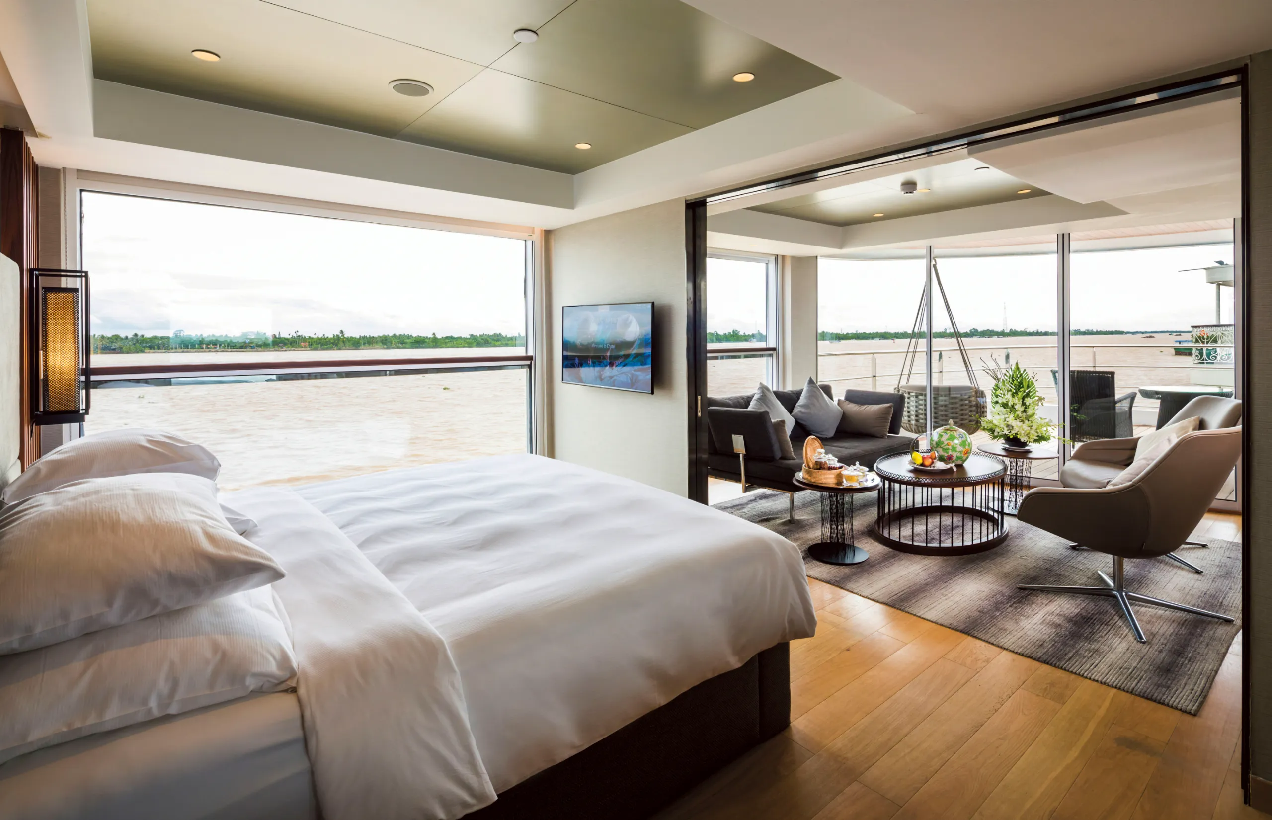 Mekong River with Scenic Spirit - Royal Panorama Suite Bedroom Lounge