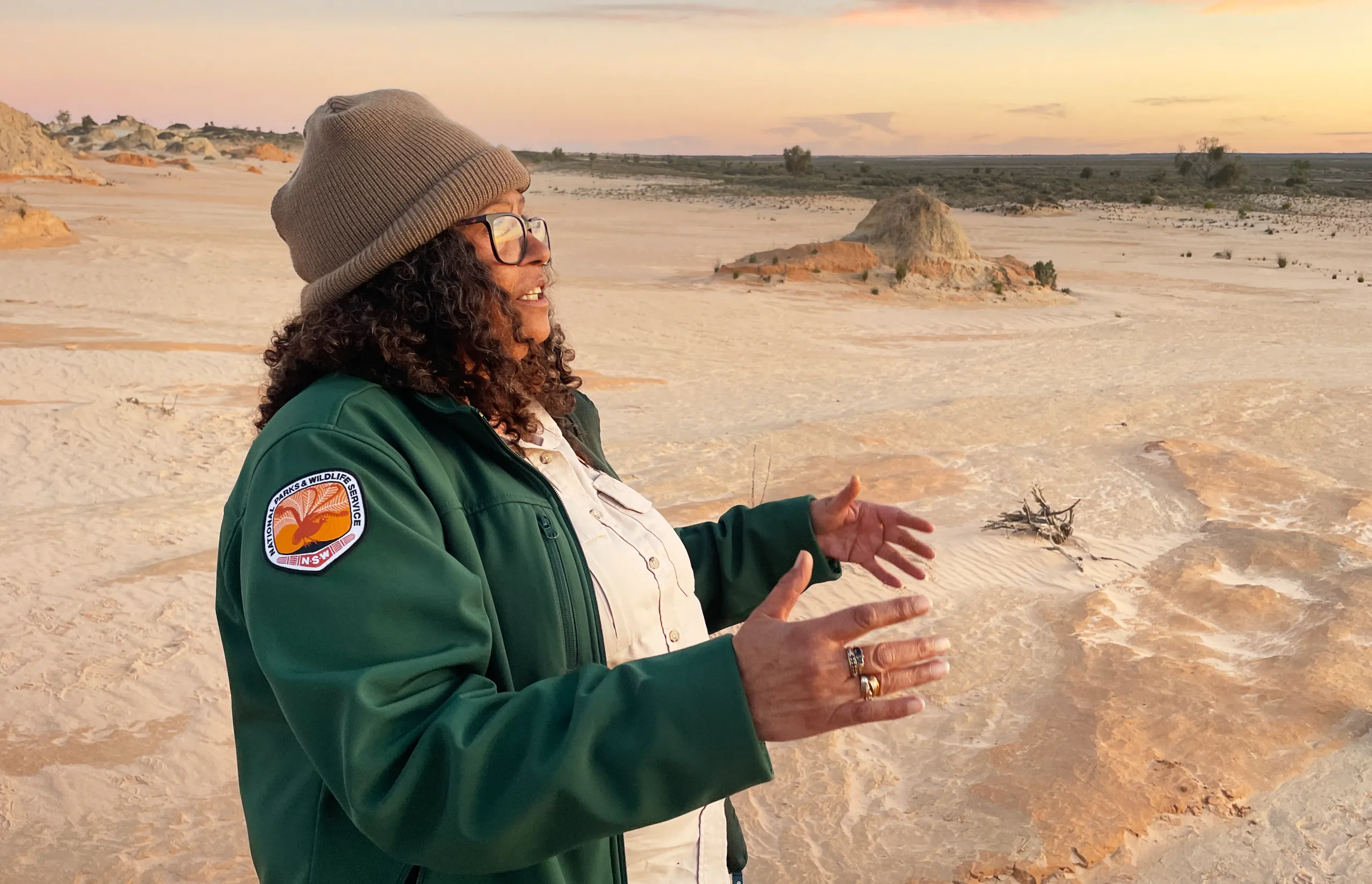 Authentic experiences - Mutthi Mutthi Custodian and Aboriginal Discovery Ranger Aunty Tanya Charles leads an Aboriginal Discovery Ranger Guided Tour of Mungo Lunette (Walls of China). Photo Van Sowerwine