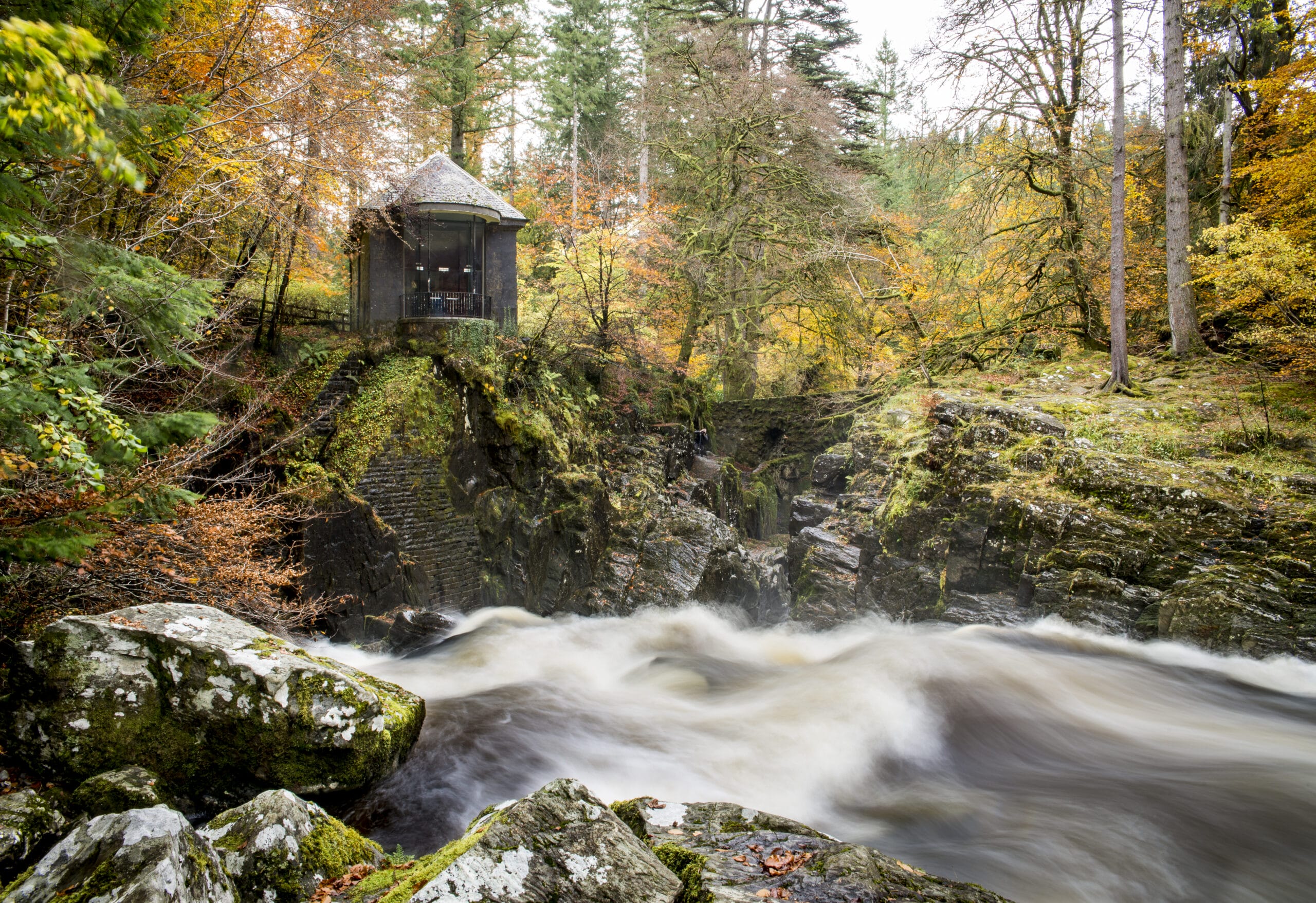 Ossian Hall overlooking The Black Linn Falls at Dunkeld Hermitage, Scotland