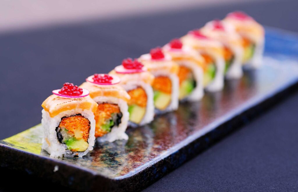 Aqua New York | Salmon & Scallop Maki Roll, Tobiko, Smoked Daikon, and Beetroot Caviar