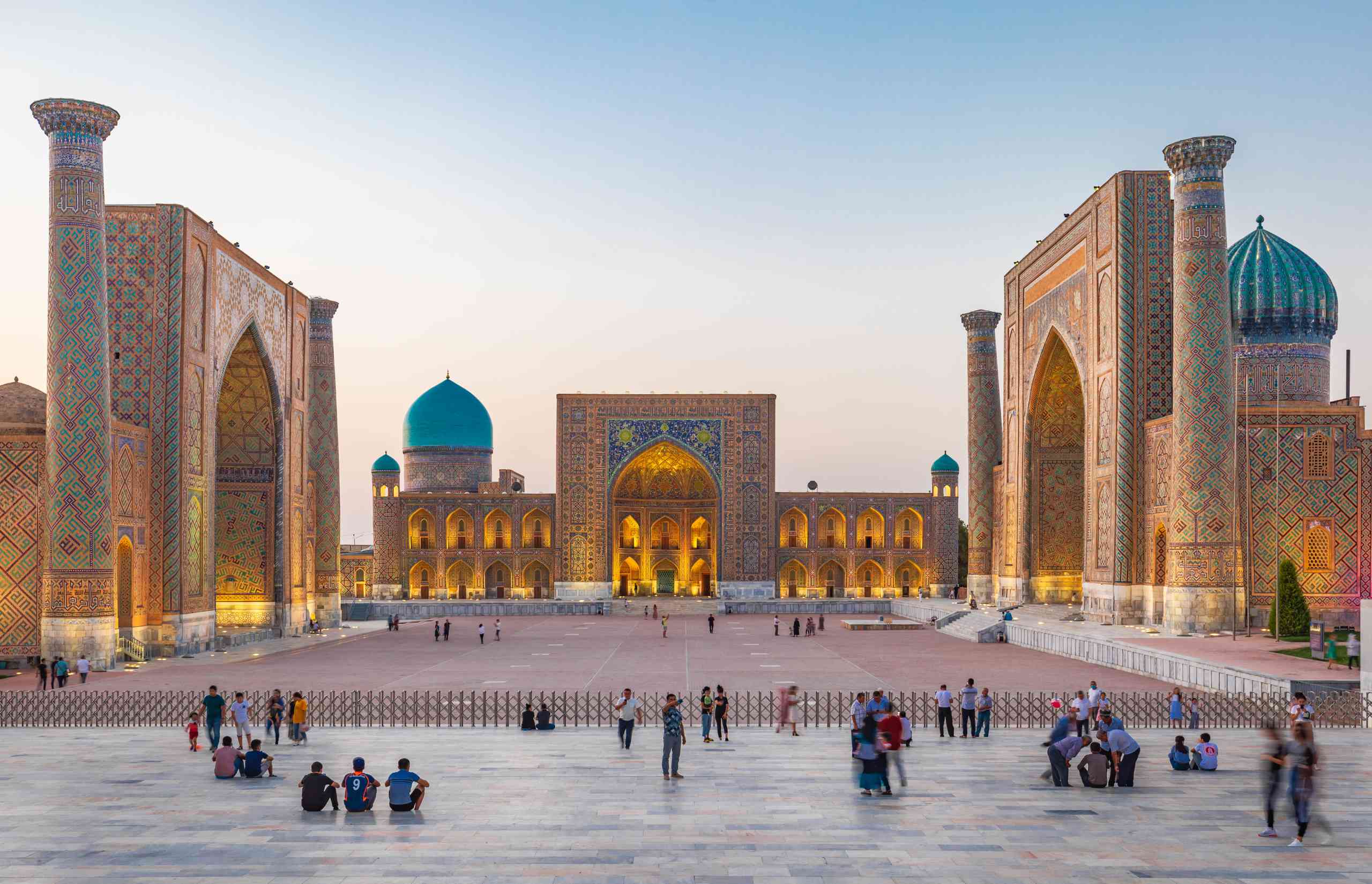 Samarkand, Samarqand, Uzbekistan, Central Asia. August 26, 2021. Evening view of the mosque and madrasas at the Registan in Samarkand