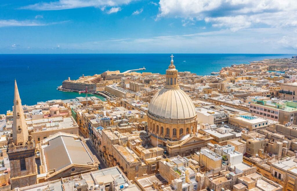 Aerial view of Lady of Mount Carmel church, St.Paul's Cathedral in Valletta city, Malta