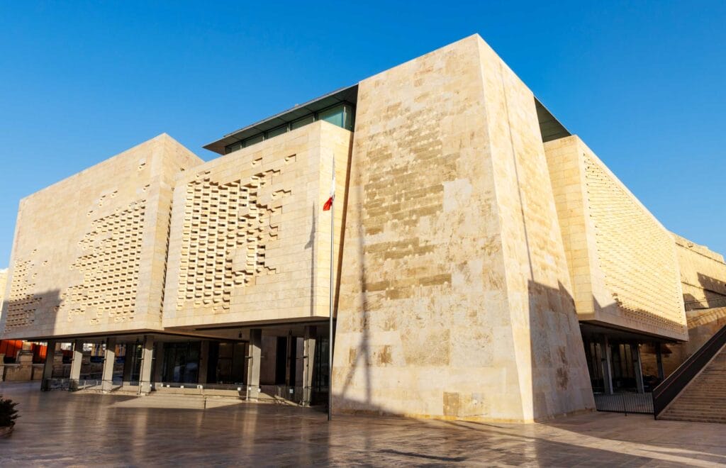 Facade of the the Parliament House (by Renzo Piano) of Malta in Valletta, Malta