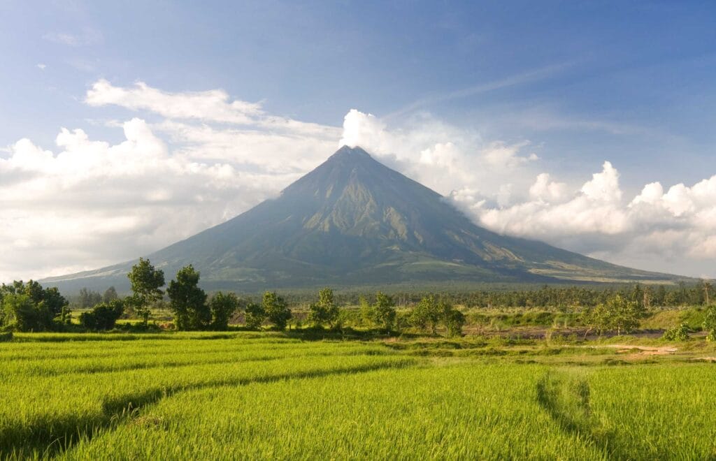 The Mayon Volcano in the Philippines, widely regarded as the most perfectly cone-shaped volcano, and surrounded by rice fields | Filipino Food Guide