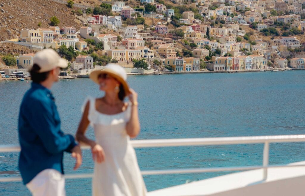 View of Symi Island from a boat, Mediterranean Greece. Image credit: Julien Fabre / Ponant
