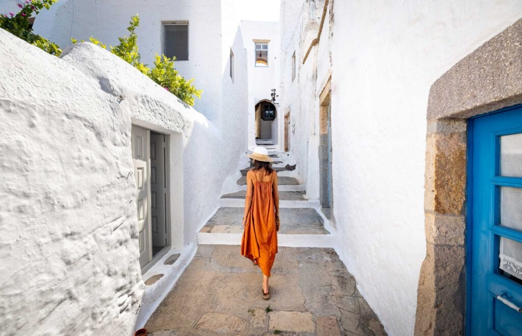 Narrow street in Patmos Island, Greece. Image credit: Julien Fabre / Ponant