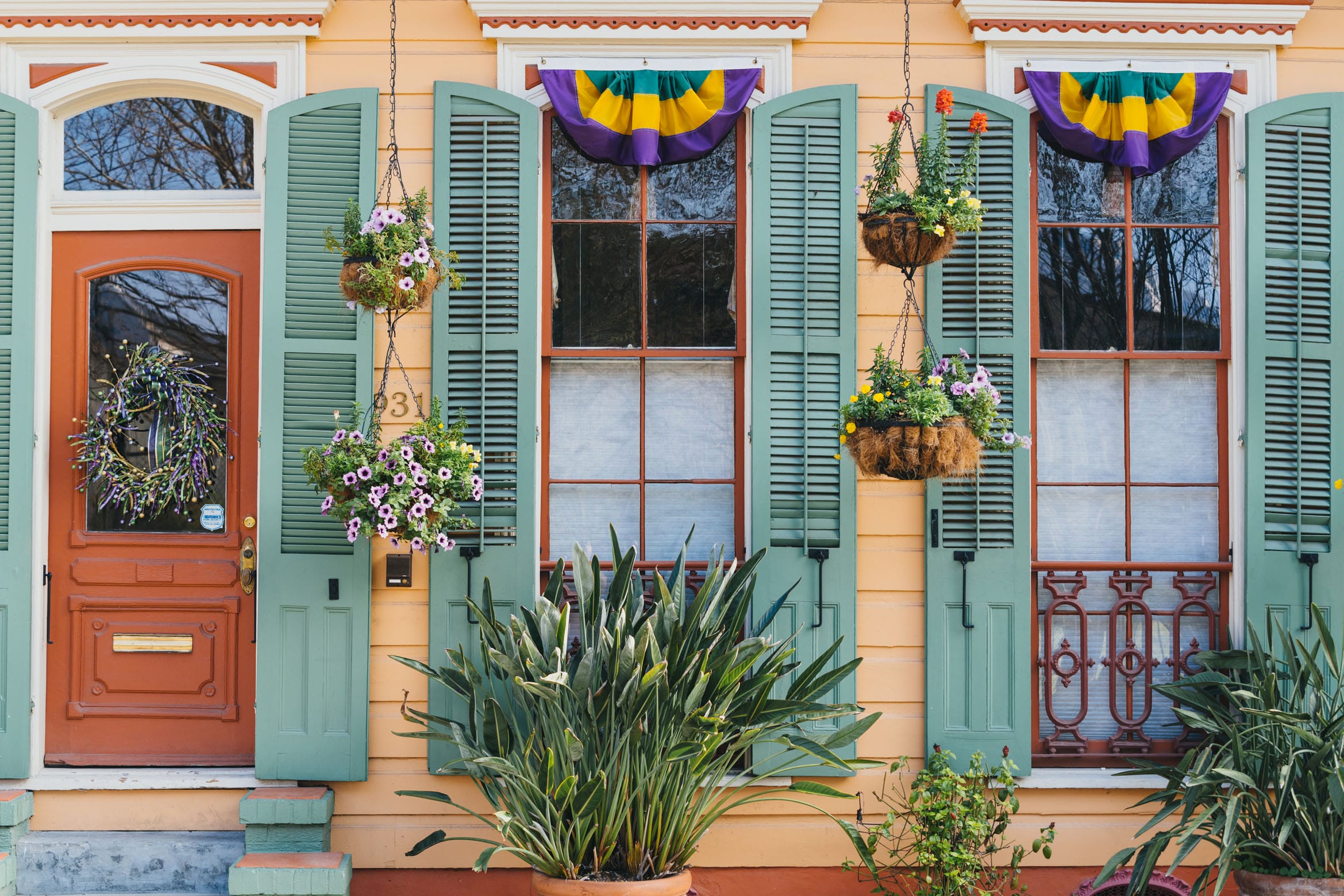 Barracks Street, French Quarter Mardi Gras Color in New Orleans
