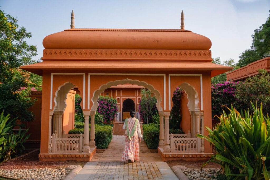 Symmetrical courtyard entrance to villas at Oberoi Rajvilas Jaipur, Photo Credit: Natasha Bazika