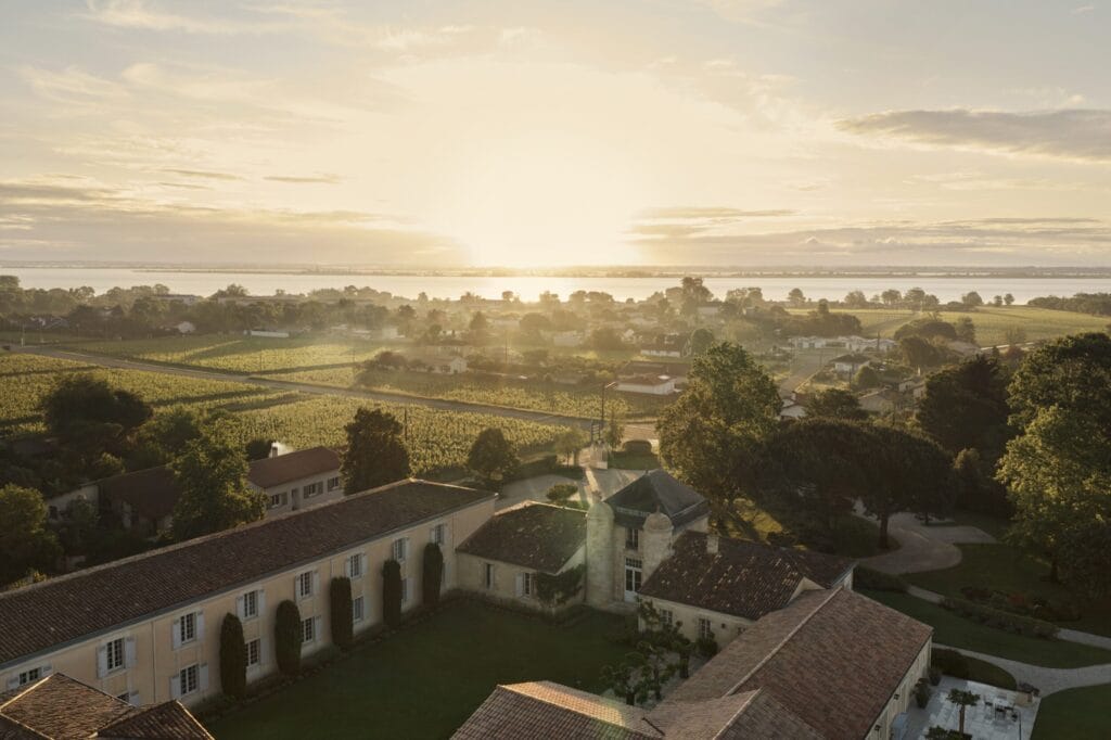 Aerial view of COMO Cordeillan-Bages with Gironde Estuary, Médoc Bordeaux