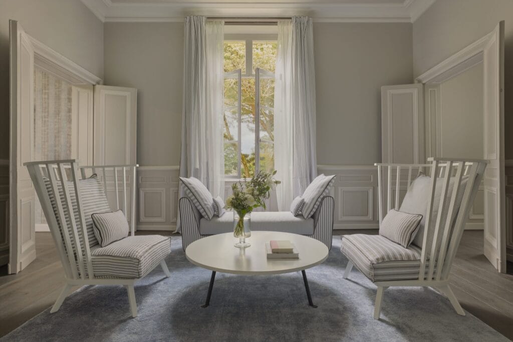 Salon interior at COMO Cordeillan-Bages with considered furnishings, Pauillac Médoc