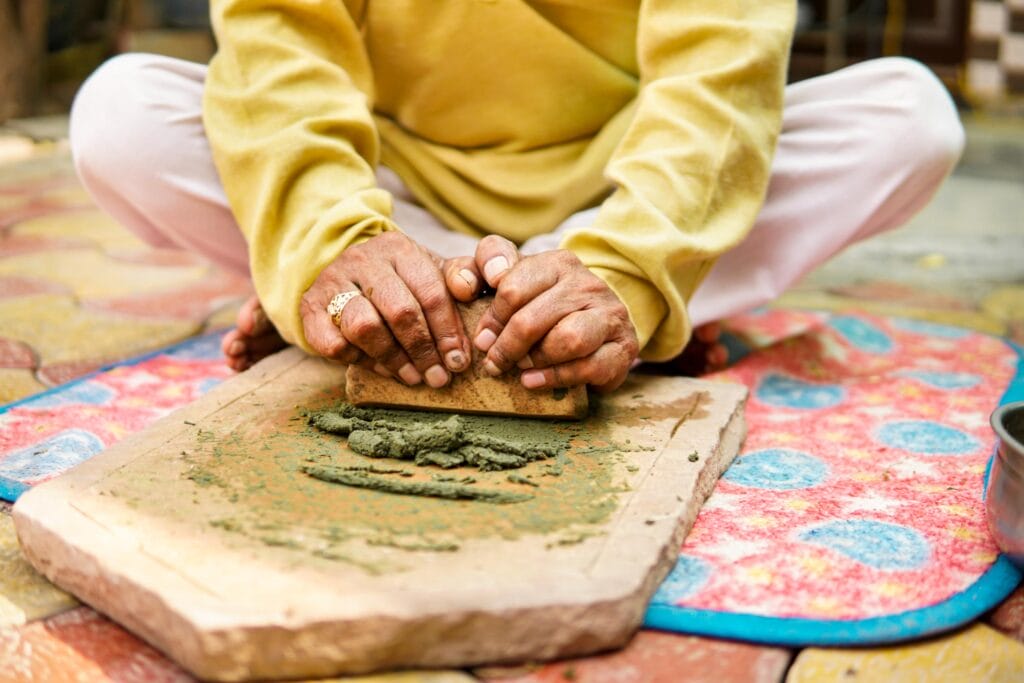 Traditional Indian sil-batta, a stone tool used for grinding herbs and spices, commonly used for preparing traditional Ayurvedic medicine