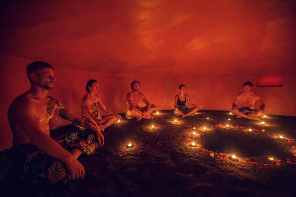 Temazcal ceremony, a traditional Mesoamerican sweat lodge ritual used for physical and spiritual purification
