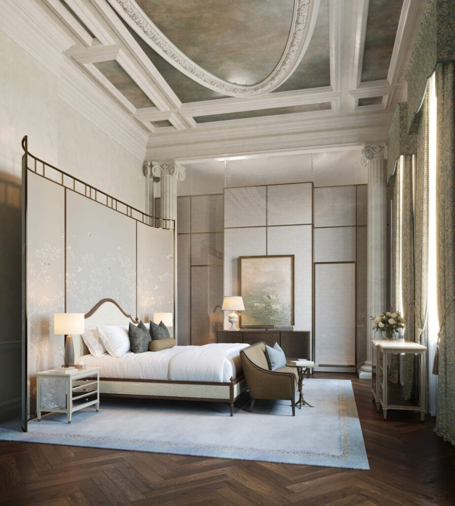 The Admiral Residence bedroom at Waldorf Astoria London Admiralty Arch, with ornate coffered ceiling, painted oval mural and Ionic columns