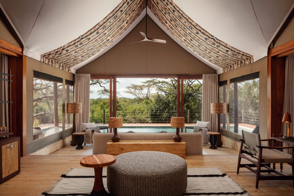 Two-bedroom signature suite living room at JW Marriott Mount Kenya Rhino Reserve Safari Camp