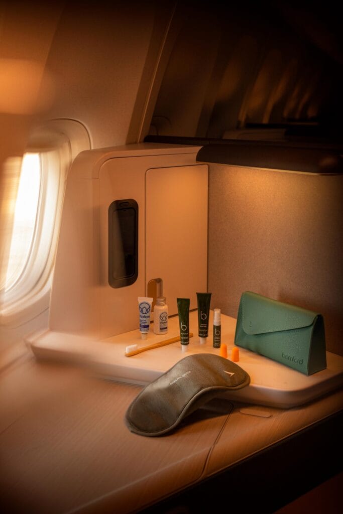 Cathay Pacific Aria Suite featuring a Bamford branded amenity kit.