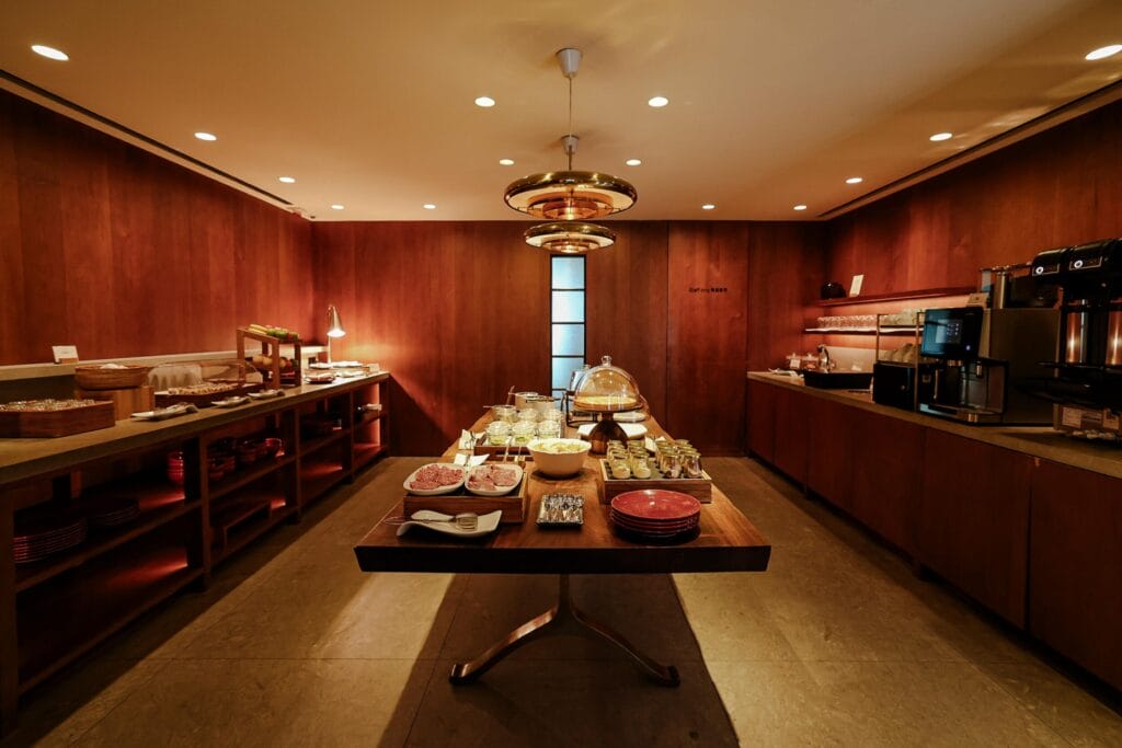 Self-service Pantry area inside the Cathay Pacific The Pier, First Class Lounge located at Hong Kong International Airport