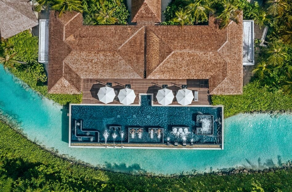 hydrotherapy pool area at the Waldorf Astoria Maldives Ithaafushi resort.