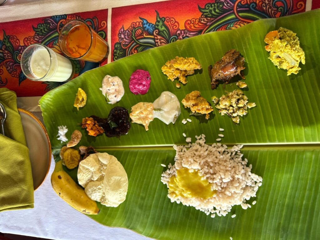 Traditional Kerala vegetarian feast served on a banana leaf
