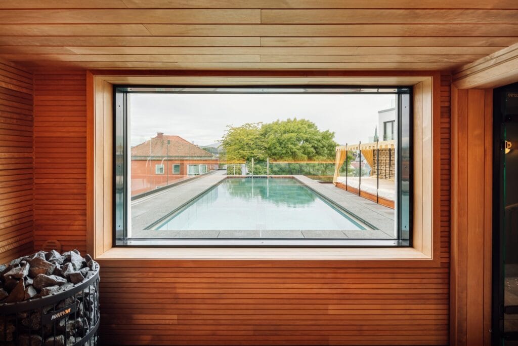 Rooftop sauna and year-round pool area at the Sommerro Hotel