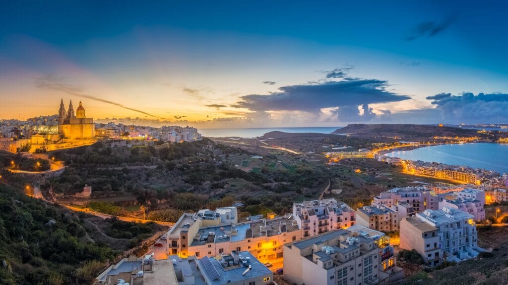 Hilltop town of Mellieħa and Mellieħa Bay
