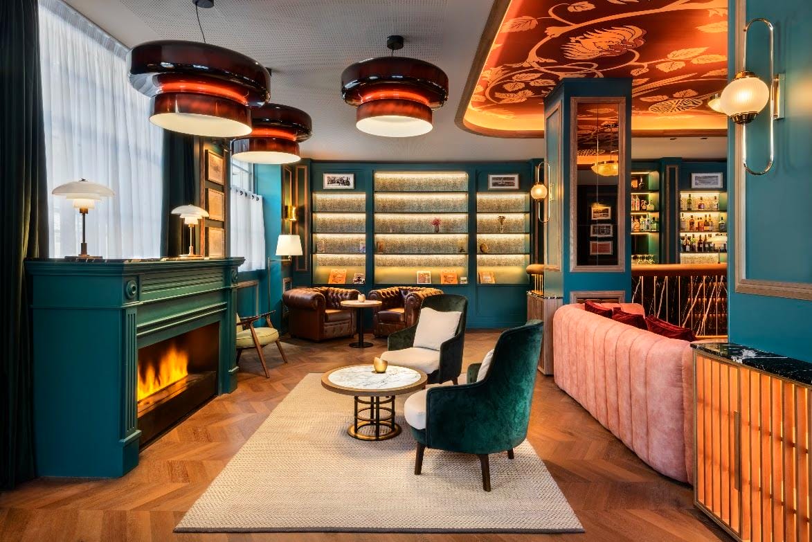 Bar and library lounge area inside the Canfranc Estación, a Royal Hideaway Hotel