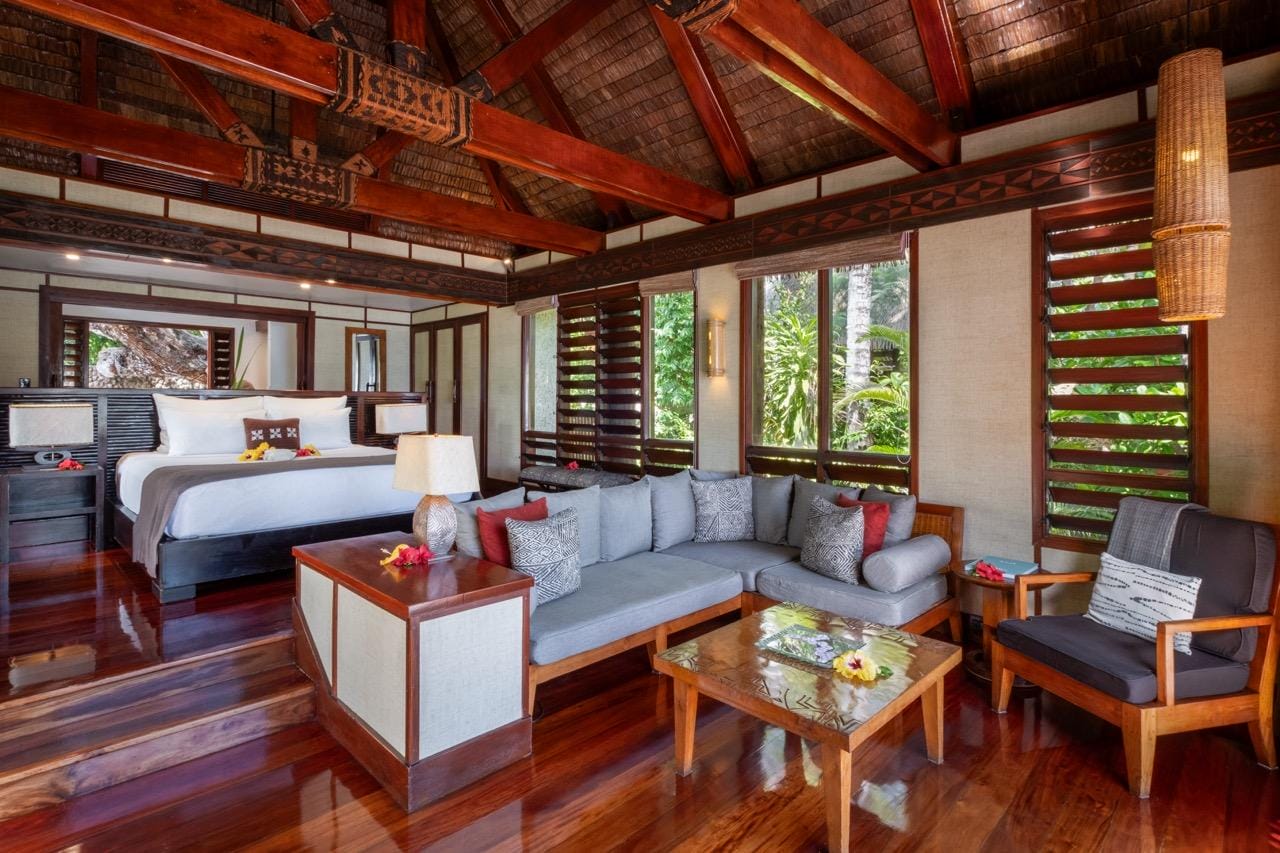 Deluxe beachfront interior of a bure at the Likuliku Lagoon Resort
