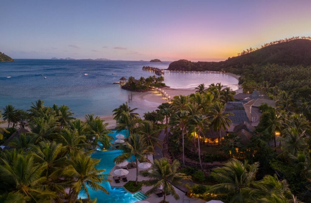 Aerial view of the luxury Likuliku Lagoon Resort at dusk