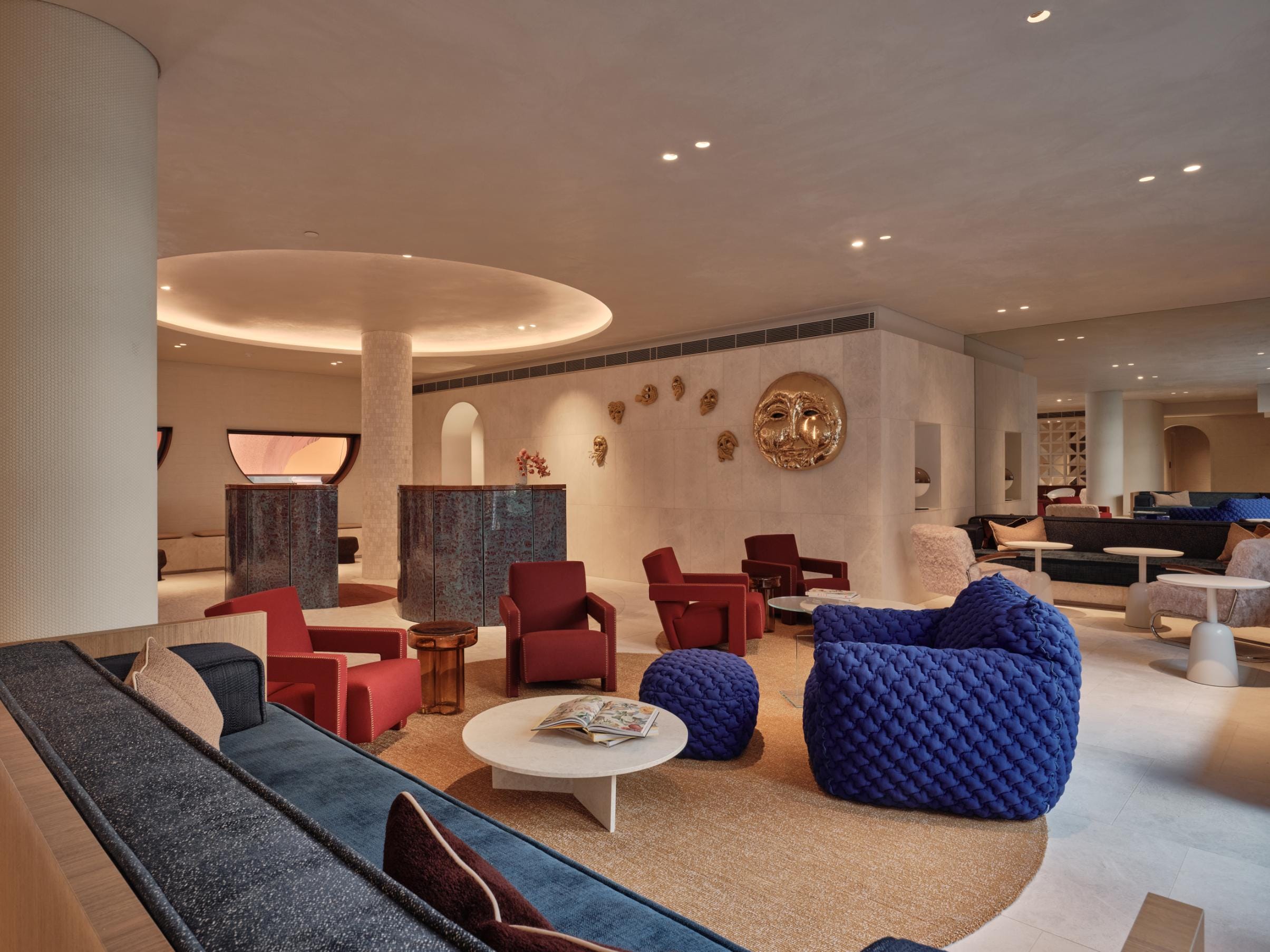 Lobby of The EVE Hotel Sydney featuring bold jewel-toned furniture and plush textured seating. Image credit: Georg Roske