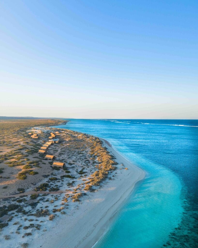 Aerial view of Sal Salis Ningaloo Reef camp on the coastal dunes of Cape Range National Park, Western Australia