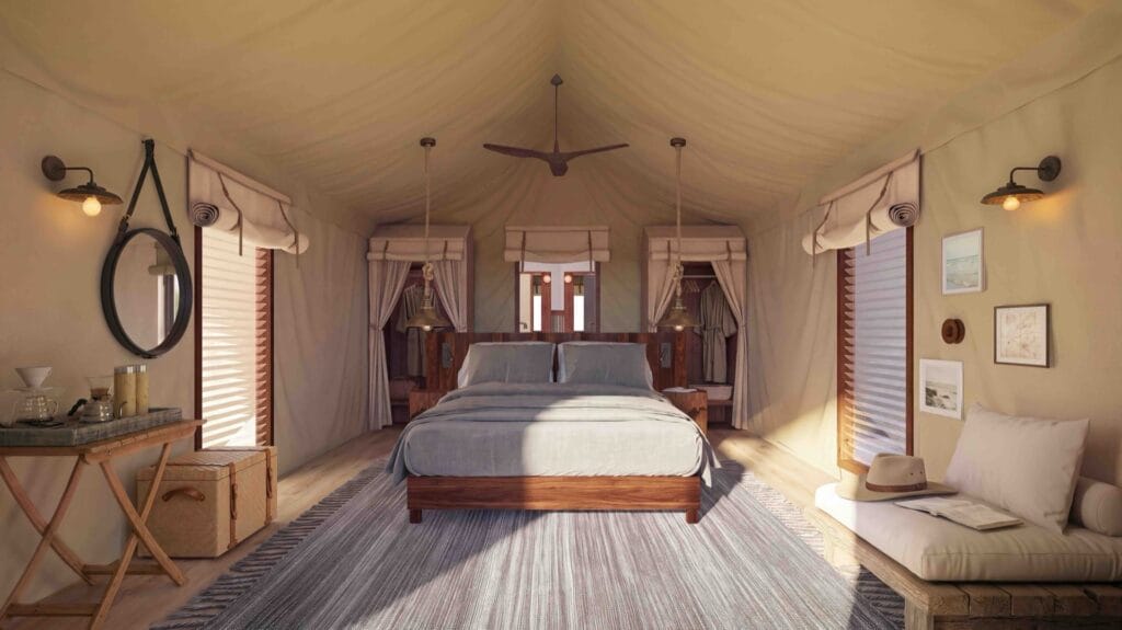 Rendered interior of redesigned Sal Salis wilderness tent with custom textiles, statement lighting and marine-inspired colour palette