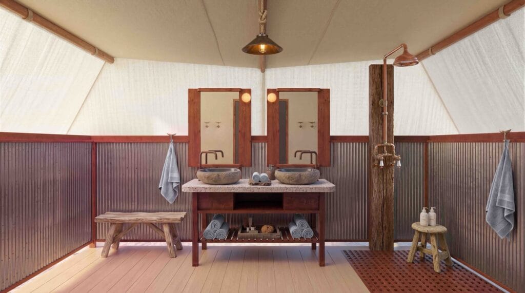 New ensuite bathroom inside a redesigned Sal Salis Ningaloo Reef wilderness tent