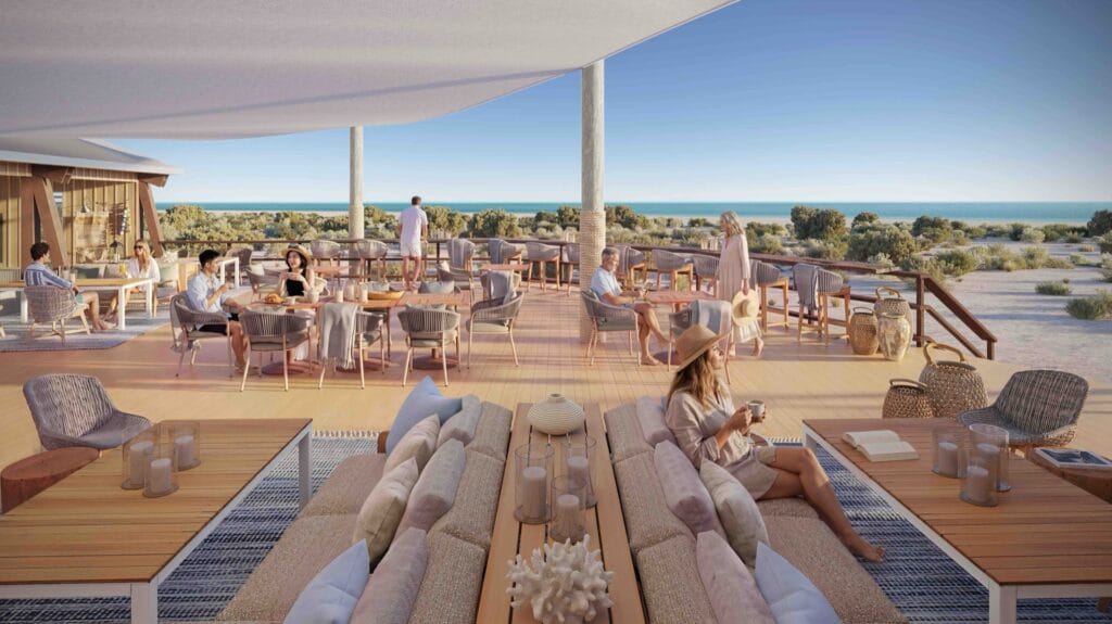 Rendered view of the redesigned Sal Salis sundeck and central lounge, Cape Range National Park
