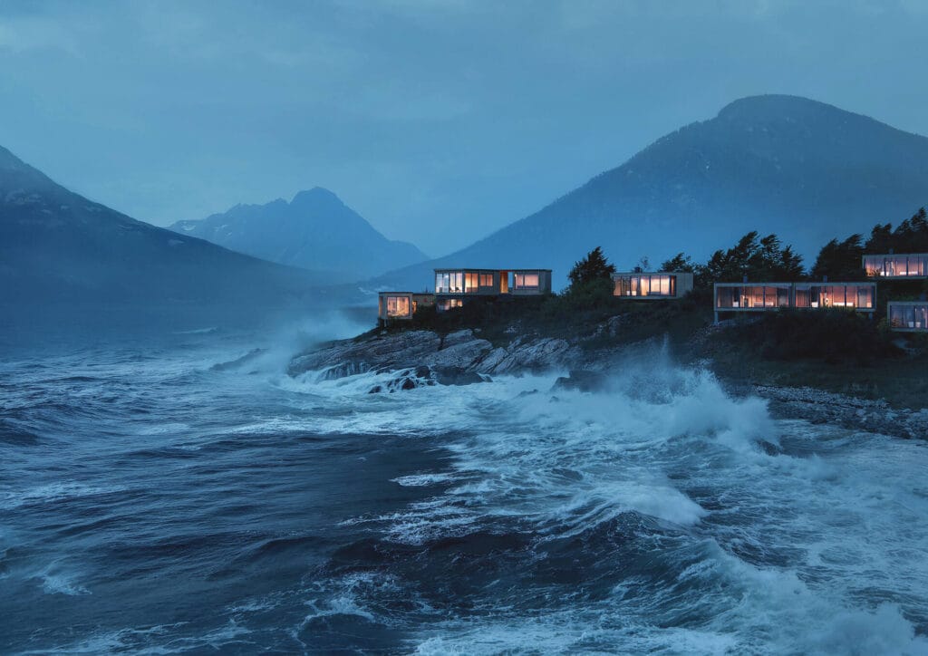 Render of the Norrøna Lodge at Andørja viewed from the sea, Troms county, northern Norway