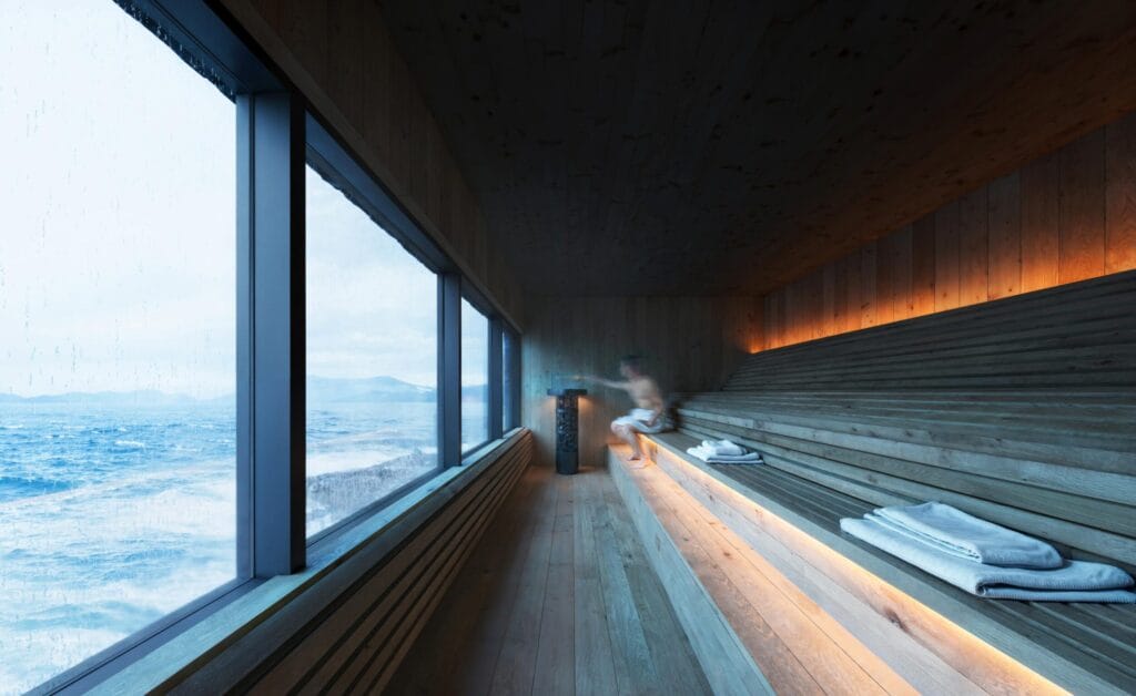 Render of the Norrøna Lodge at Andørja sauna, Troms county, northern Norway
