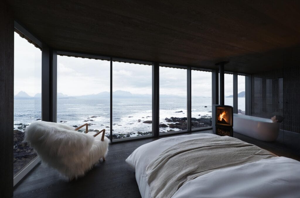 Render of the Norrøna Lodge at Andørja bungalow rooms, Troms county, northern Norway