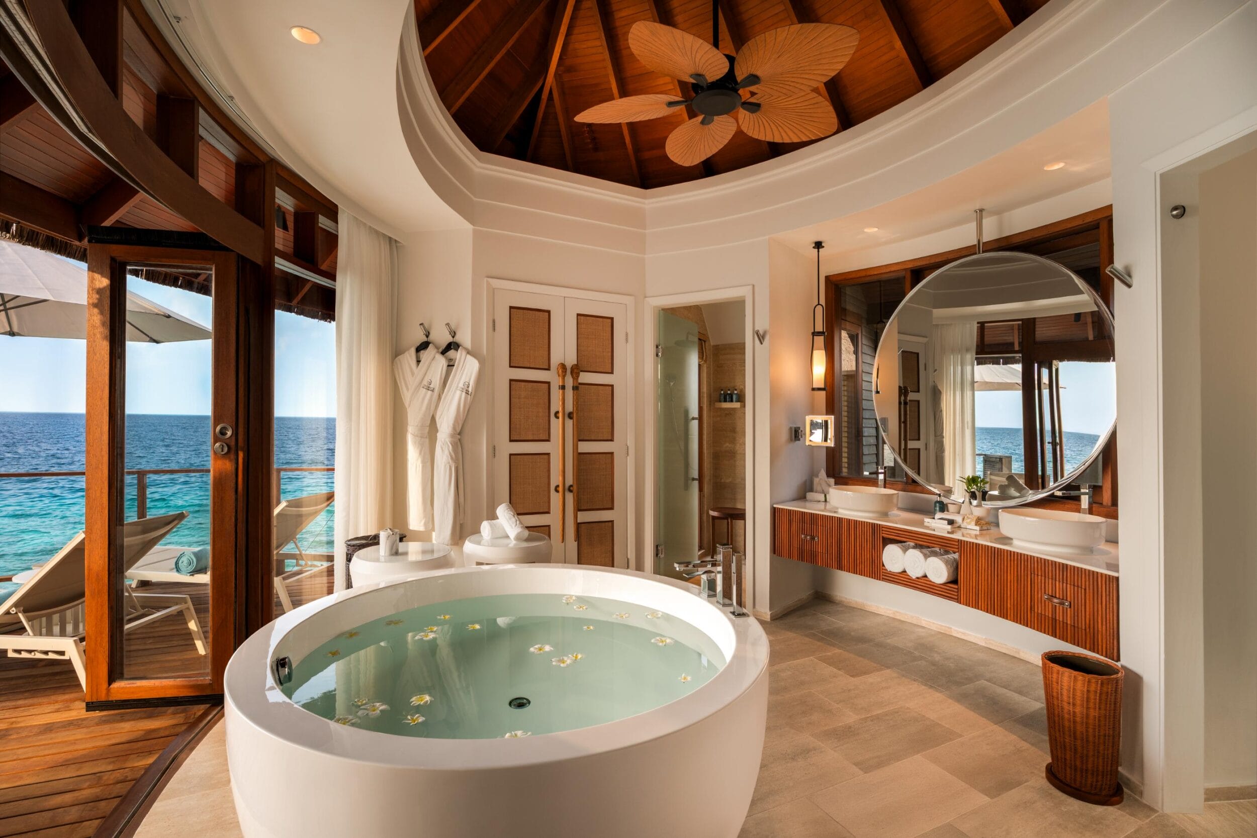 overwater villa bathroom at the Constance Halaveli