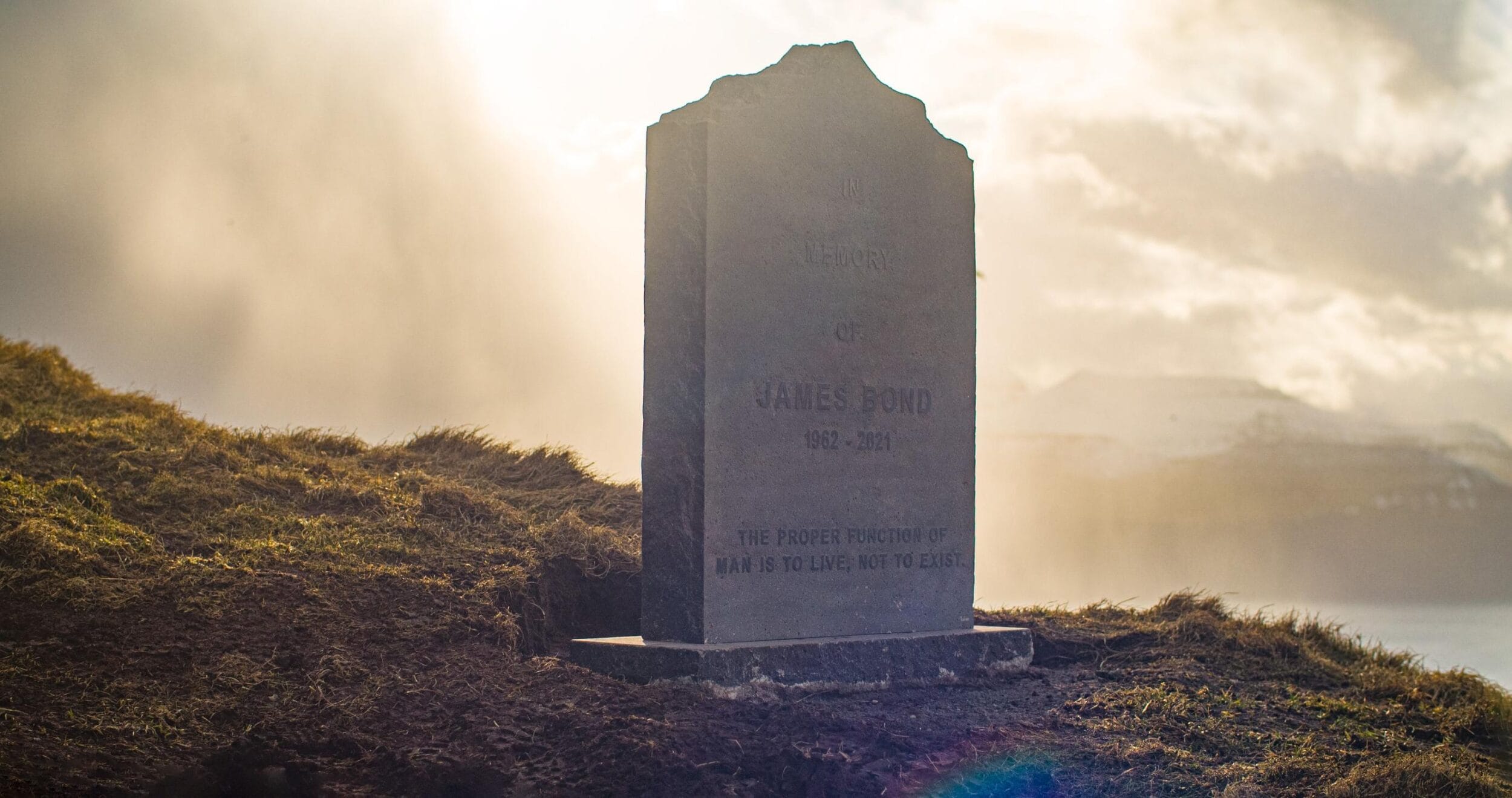 A memorial tombstone for the fictional character James Bond, located on the island of Kalsoy in the Faroe Islands.