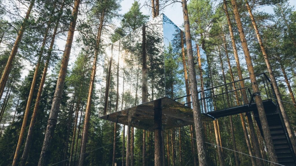 Mirrorcube, a mirrored treehouse hotel room located at the Treehotel in Harads, Sweden