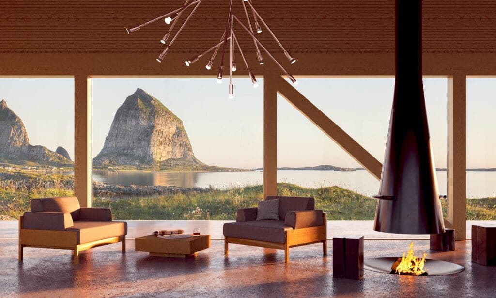 Interior lounge area of the Ytri Island Retreat