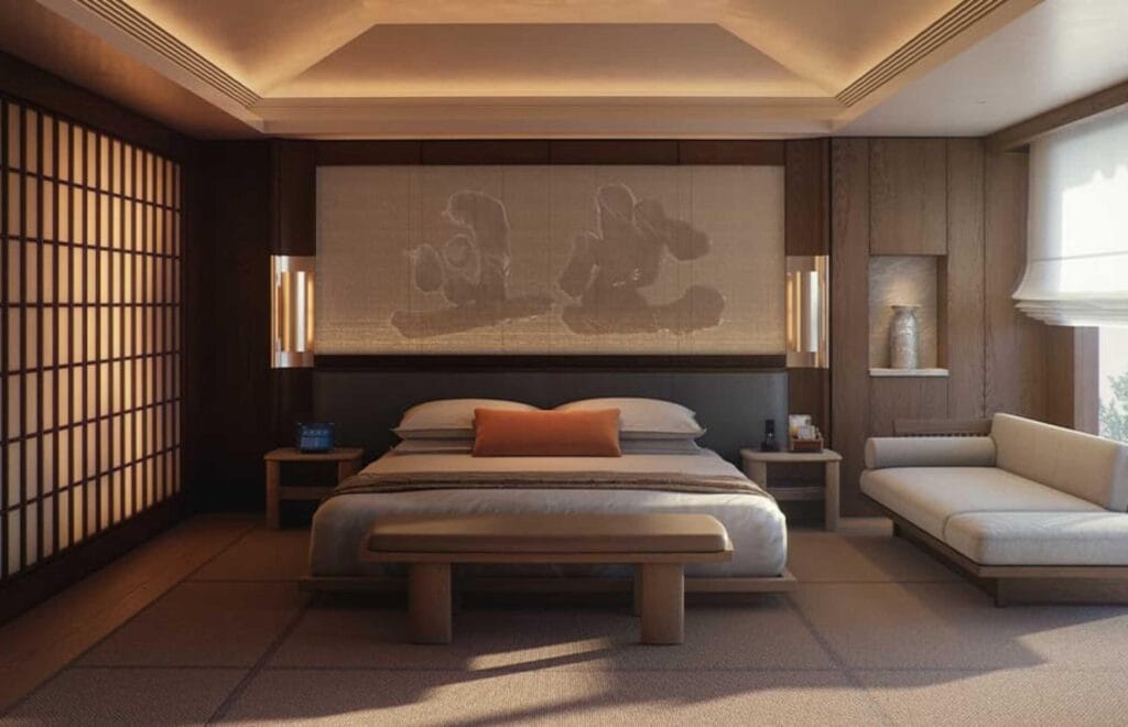 Guest room at Capella Kyoto, designed by architect Kengo Kuma and interior studio Brewin Design Office