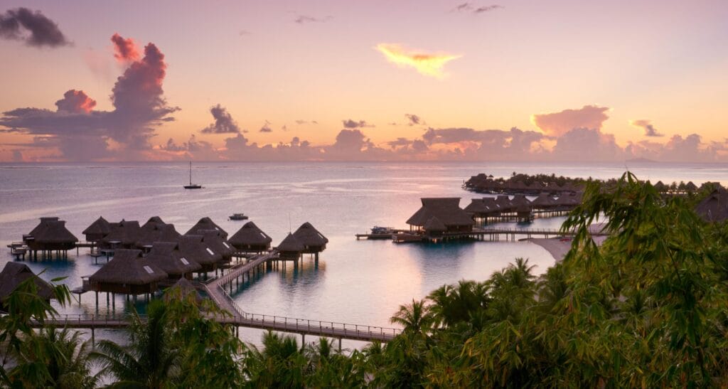 Overwater bungalows at the Conrad Bora Bora Nui luxury resort
